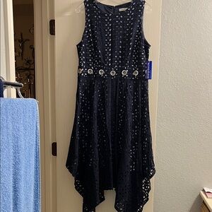 Peter Nygard Navy Kids Dress with Eyelet Design